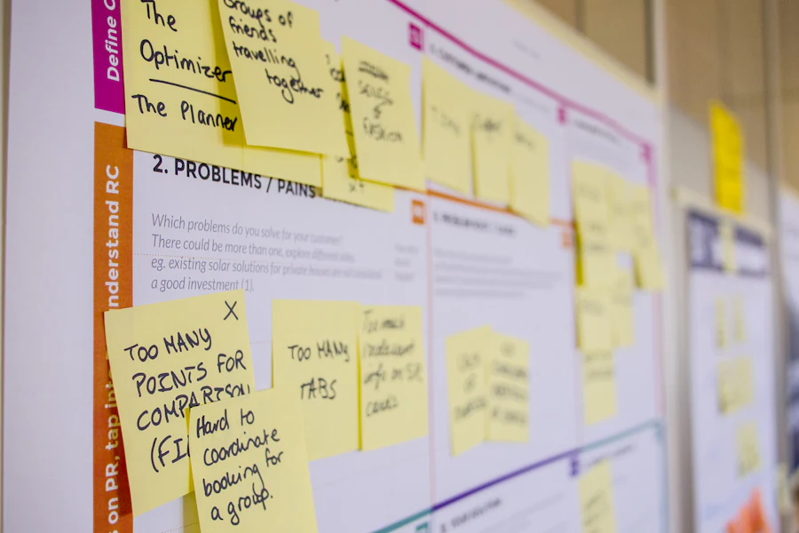 Strategy board covered in sticky notes and marketing plans